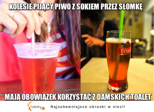 Kolesie pijący piwo z sokiem przez słomke