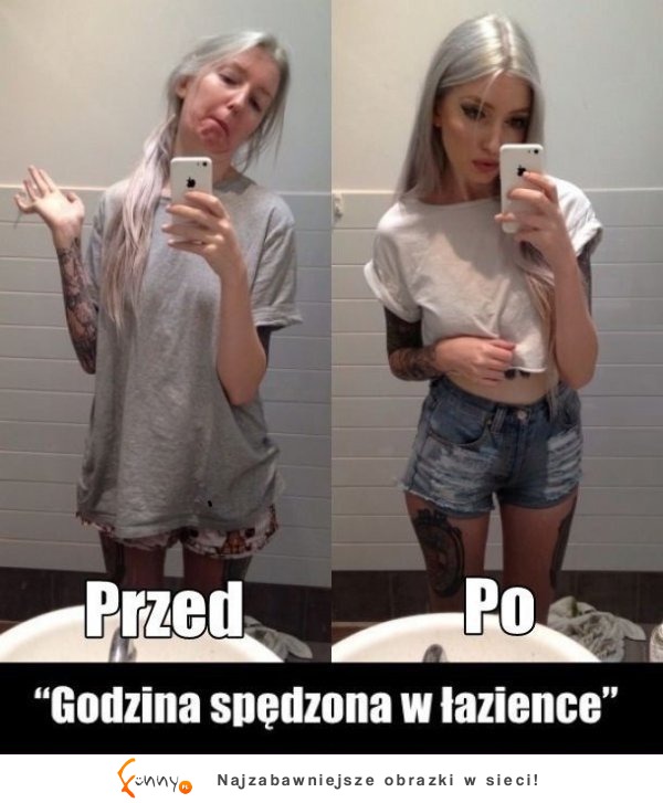 Kobieta PRZED I PO godzinie spędzonej w łazience! Musisz to zobaczyć ;D