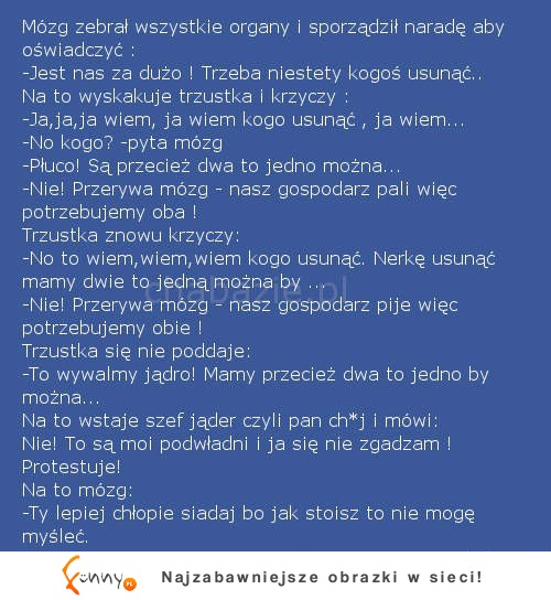 Mózg zrobił naradę i zebrał wszystkie organy. Postanowili pozbyć się jednego z nich... Na kogo wypadło? :D