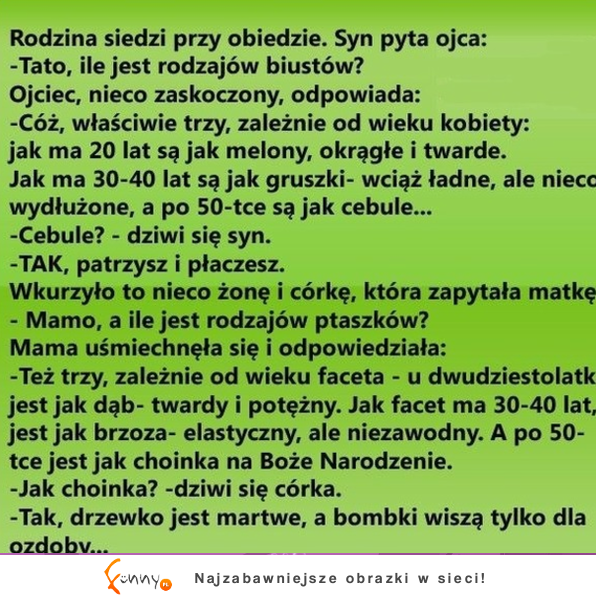 Syn pyta ojca ile jest rodzajów biustów - mega kawał, haha!