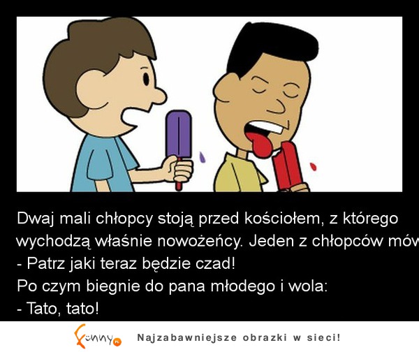 Dwaj mali chłopcy stoją przed kościołem, z którego wychodzą właśnie nowożeńcy! ZOBACZ jaki kawał wywineli :D