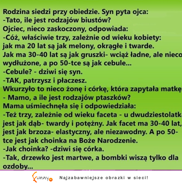 Syn pyta ojca ile jest rodzajów biustów - mega kawał, haha :D