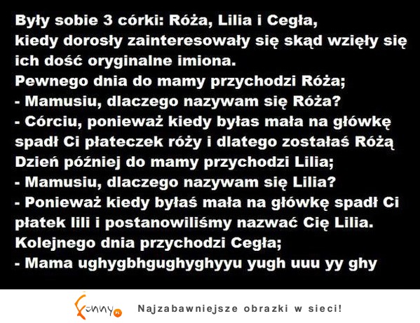 Matka miąła trzy córki Różę, Lilię i Cegłę. Pewne dnia spytały się dlaczego mają takie imiona.. Dlaczego cegła? :D