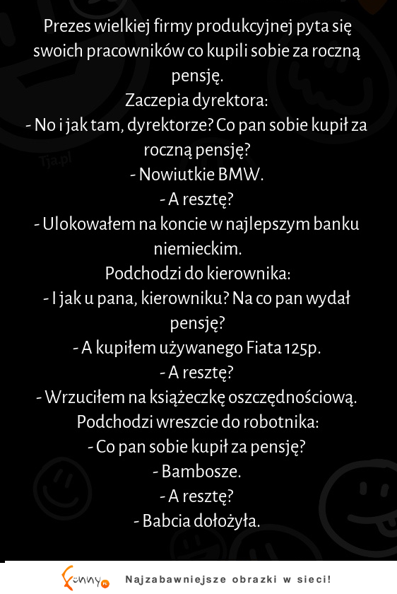 Prezes pyta się swoich pracowników co kupili sobie za roczną pensję :D