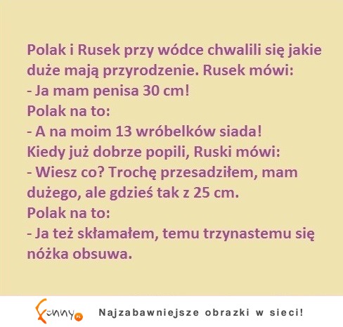 Polak i Rusek przy wódce chwali się jakie mają przyrodzenia :D