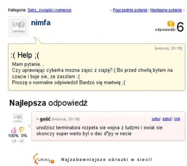 Czy uprawiając cyberka można zajść w ciążę? haha ZOBACZ co jej napisali na fourm :D