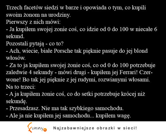 Trzech facetów siedzi w barze i odpowiada o tym co kupili swoim żonom na urodziny :)