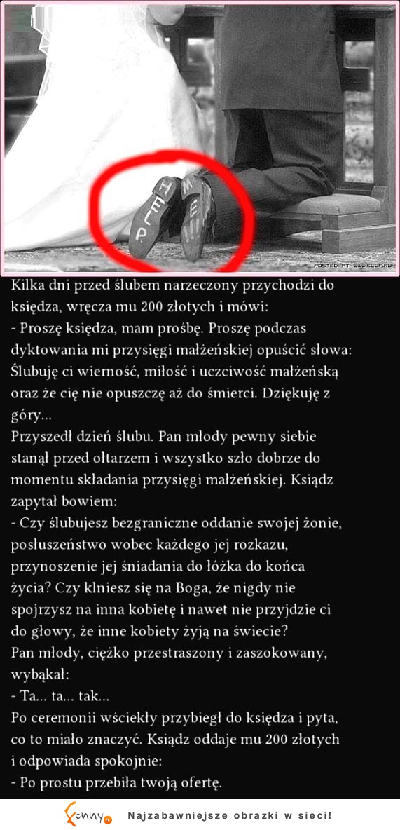 Kilka dni przed ślubem narzeczony przychodzi do księdza...