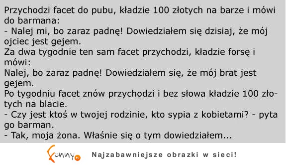 Kawał: Przychodzi do pubu facet i kładzie 100złotych na barze! :)