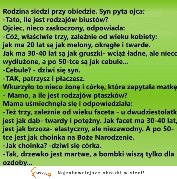 Syn pyta ojca ile jest rodzajów biustów  mega kawał, haha! :D