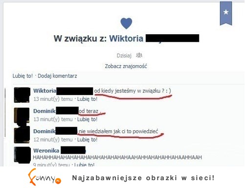 Czasami lepiej nie śpieszyc się ze zmianą STATUSU na facebooku... Zobacz co mu napisała jego nowa dziewczyna :D