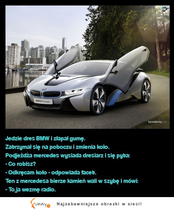 Jedzie dres BMW i złapał gumę. Zatrzymał się na poboczu i zmienia koło, na to drugi... Hahaha ;D