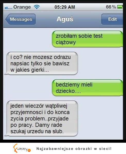 Zrobiła test ciążowy i poinformowała go o tym SMSem! Zobacz jak zareagował! :-)