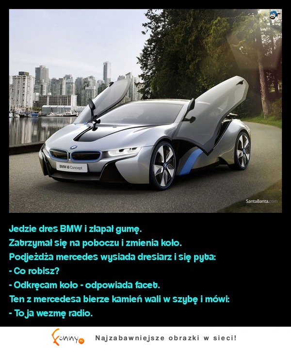 Jedzie dres BMW i złapał gumę. Zatrzymał się na poboczu i zmienia koło, na to drugi... Hahaha