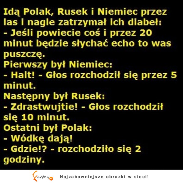 Idą Polak, Rusek i Niemiec przez las i nagle zatrzymał ich diabel! HaHa :D