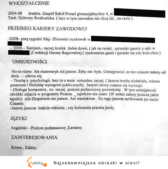 Zabawne CV! Zobacz co wpisał w przebiegu kariery, umiejętnościach i zainteresowaniach ;D