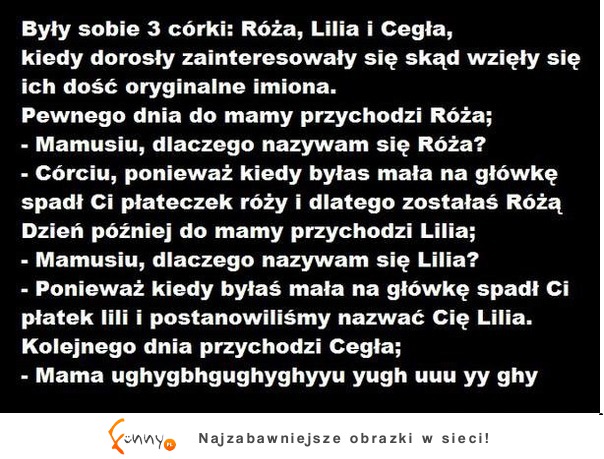 Matka miąła trzy córki Różę, Lilię i Cegłę. Pewne dnia spytały się dlaczego mają takie imiona.. Dlaczego cegła? :D