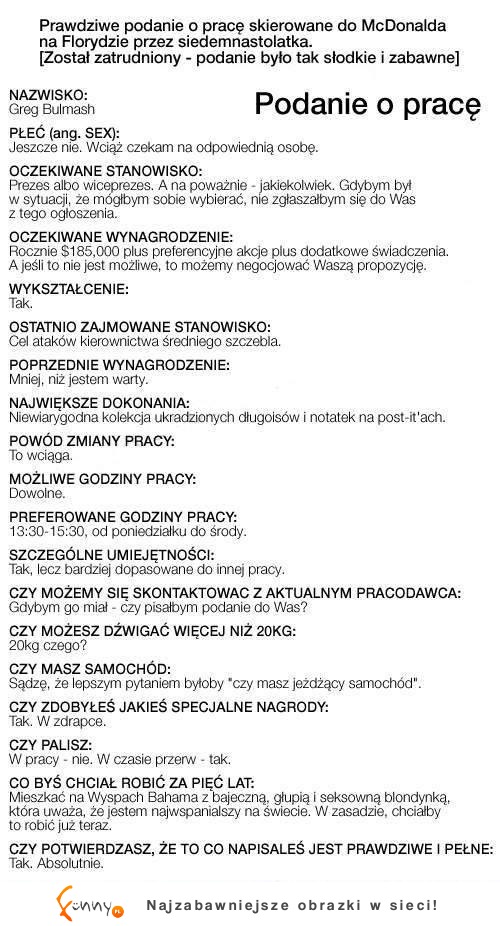 PRAWDZIWE podanie o pracę w McDonald napisane przez 17latka! Niezła BEKA!