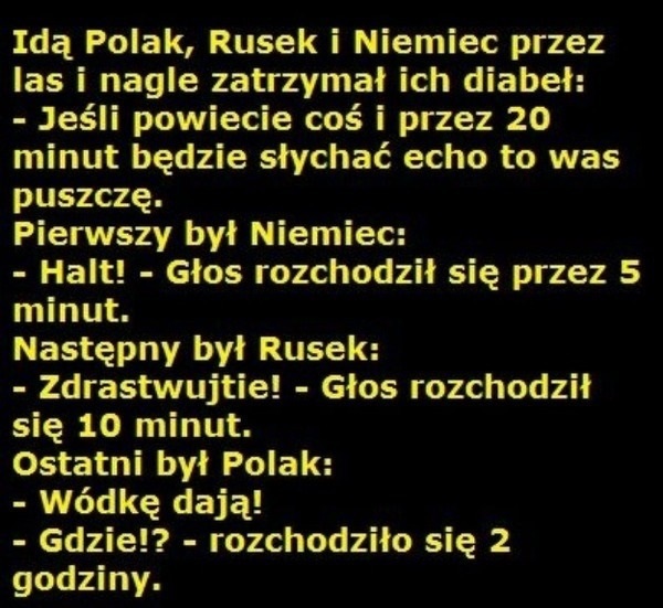 Idą Polak, Rusek i Niemiec przez las i nagle zatrzymał ich diabel! HaHa