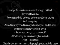 Jest pole truskawek a obok niego zakład psychiatryczny :)