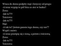 Wraca do domu podpity mąż i krzyczy od progu: "A teraz wypiję to pół litra co stoi w barku" :)