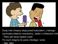 Dwaj mali chłopcy stoją przed kościołem, z którego wychodzą właśnie nowożeńcy! ZOBACZ jaki kawał wywineli :D
