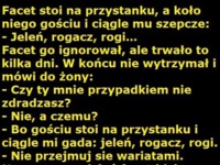 Facet stoi na przystanku, a koło niego gościu i ciągle mu szepcze: - Jelen, rogacz, rogi...! HAHA :D