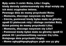 Matka miąła trzy córki Różę, Lilię i Cegłę. Pewne dnia spytały się dlaczego mają takie imiona.. Dlaczego cegła? :D