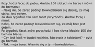 Kawał: Przychodzi do pubu facet i kładzie 100złotych na barze! :)