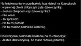 Na leżakowaniu chłopczyk sprawdza czy jego koleżanka jest dziewczynką. w jaki sposób...