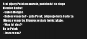 Stoi pijany Polak na warcie, podchodzi do niego Niemiec i mówi  Guten Morgen :D